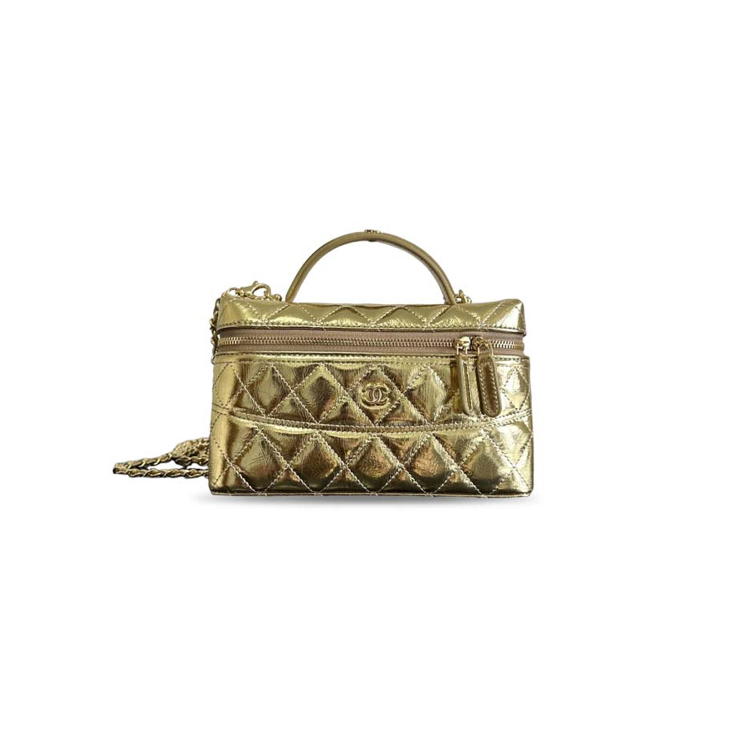 CHANEL HANDLE CC LOGO VANITY CASE HANDLE LONG MAKEUP BOX GOLD AP4407 (19.5*17*5cm)